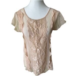 Forever 21 Blush Lace Mesh Top Size L Sheer Floral Y2K Romantic Blouse